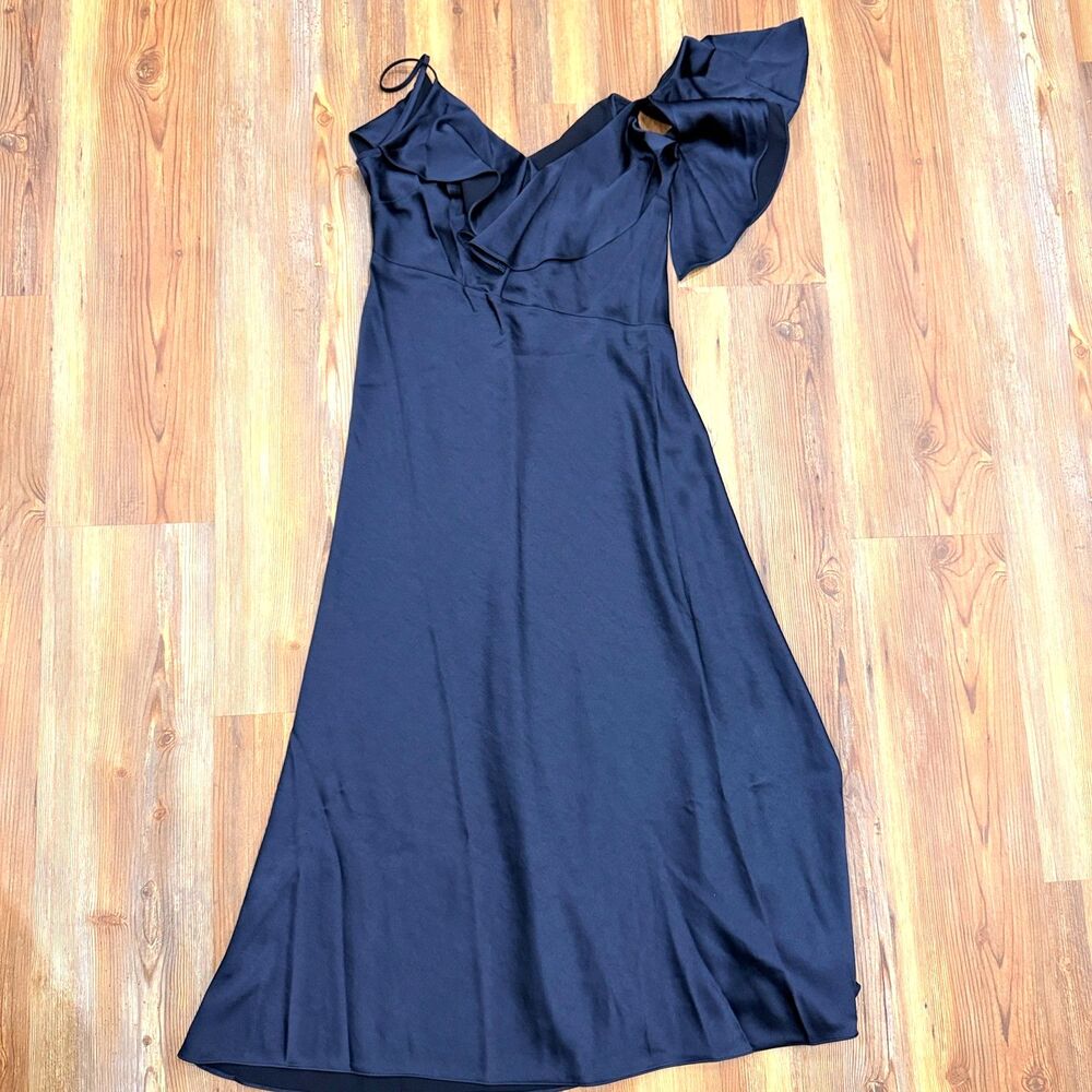 NWT Ted Baker Size 6 Keomi Navy Waterfall Ruffle Satin Bias Cut Midi Dress TB 2 - Picture 6 of 13